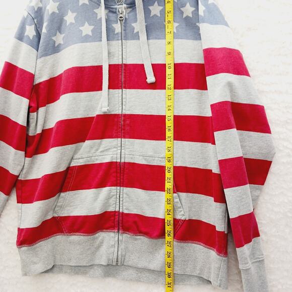 Hoodie Sz L Gray Flag Star Stripe Festival Americana Kangaroo Y2K Patriotic Red - Picture 6 of 16